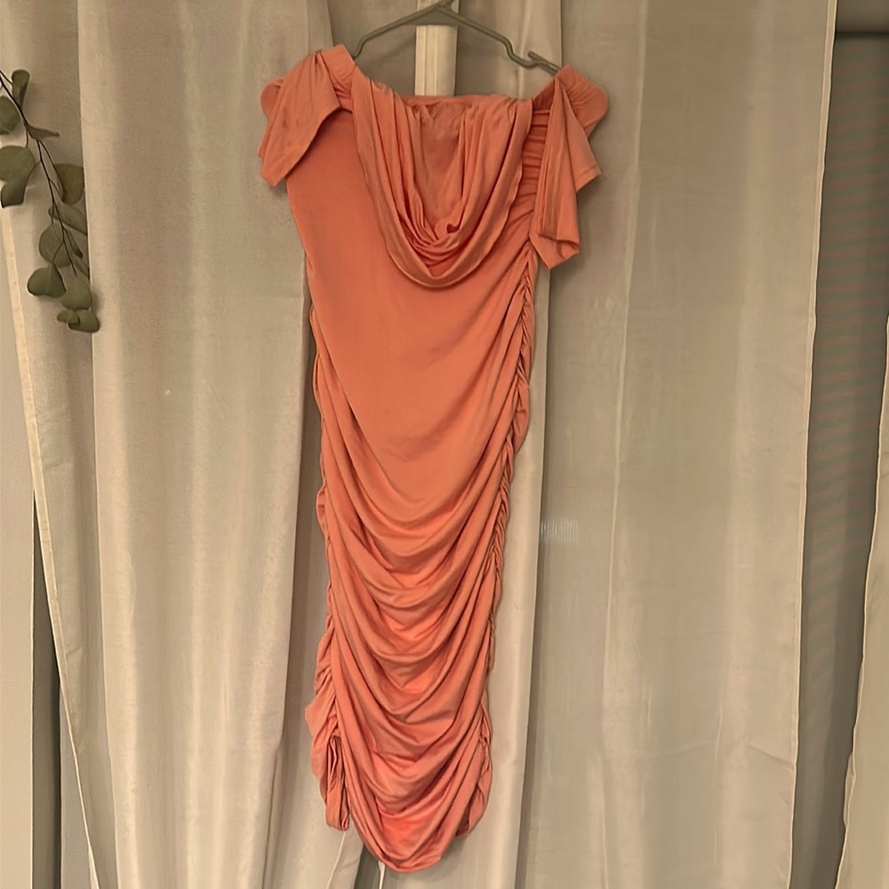 Worn once beautiful, pink ruffle off the shoulder dress